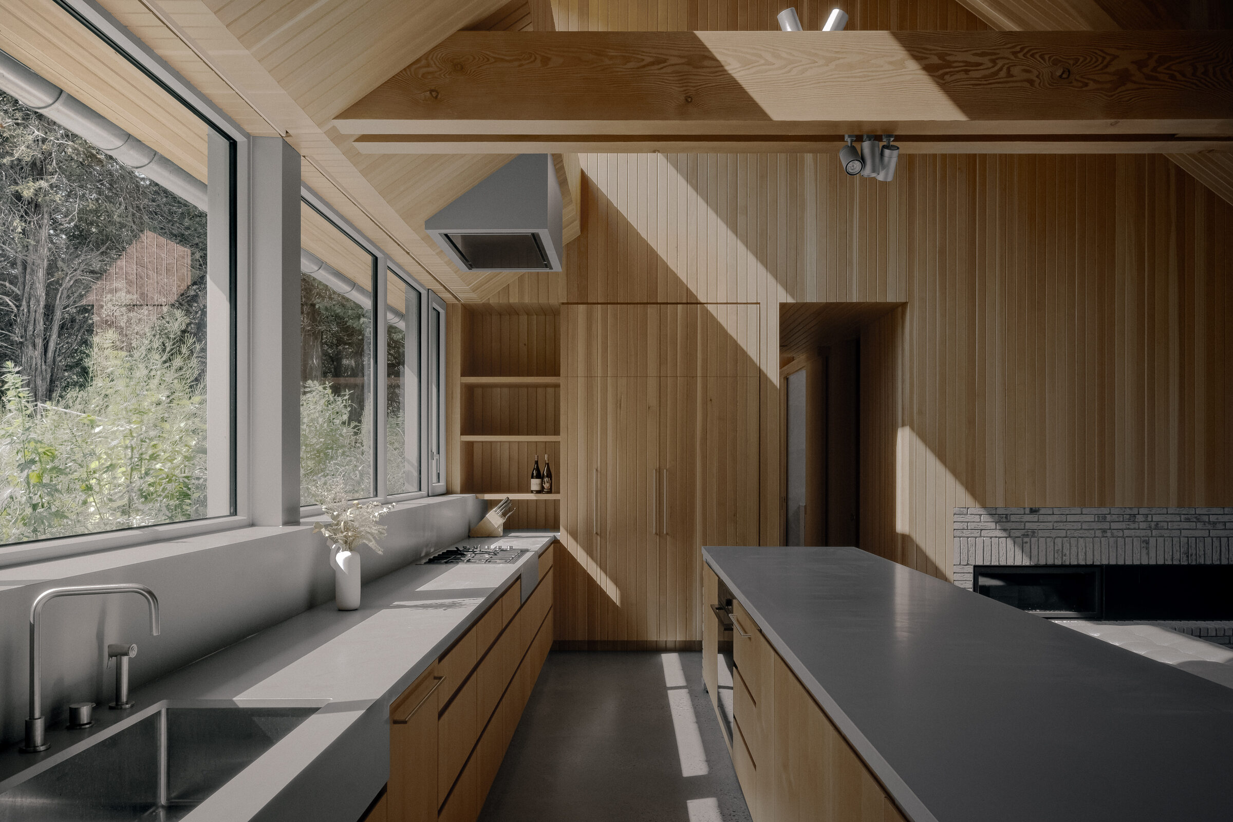 Kitchen counter facing the meadow
