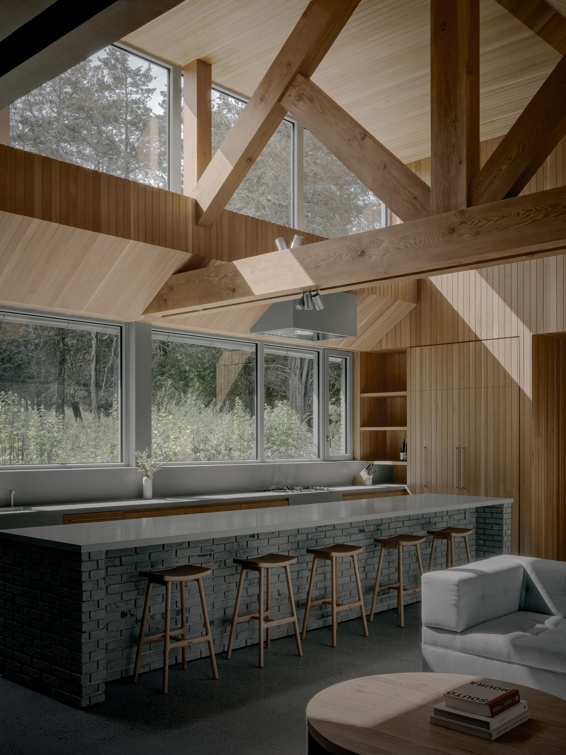 Living and kitchen space, vaulted timber ceiling